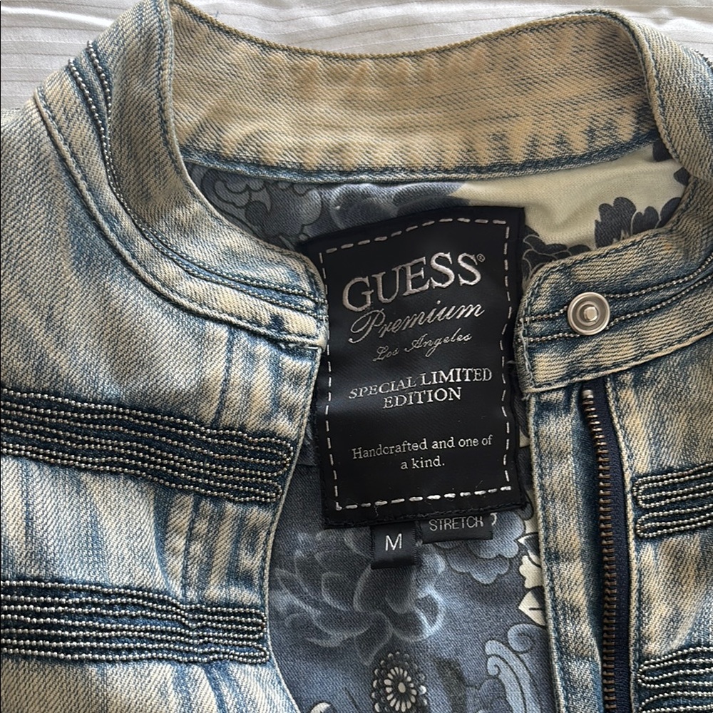 GUESS Distressed Denim Jacket with Black Trim